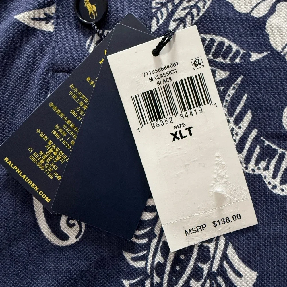Polo Ralph Lauren Mens XLT Navy Blue Classic Fit Hibiscus Mesh Short Sleeve Polo